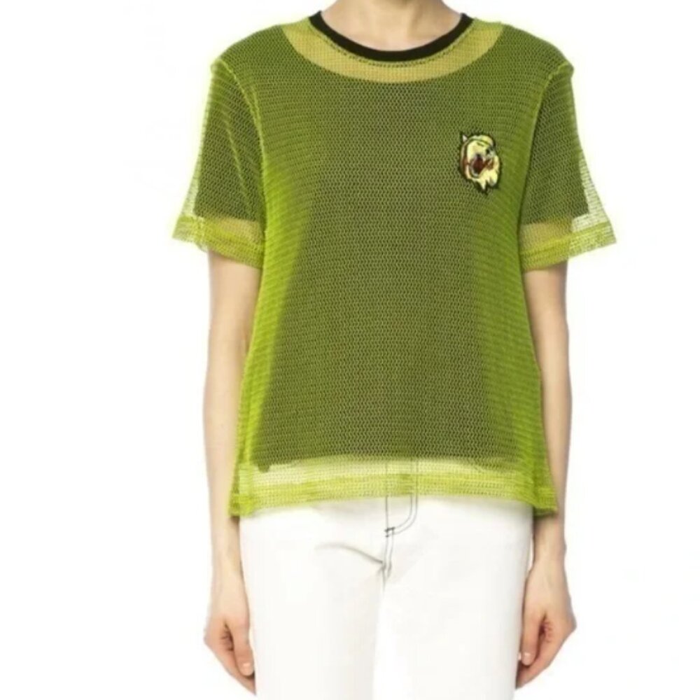 NEW! Versace Versus Neon Mesh Double Layer Lion Head Patch Short Sleeve Top